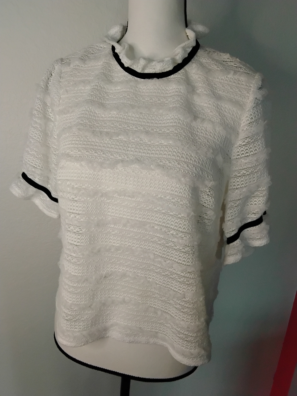 BCBGMaxAzria White Knit Short-Sleeve Top with Black Trim
